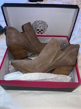 Vince Camuto Taupe Suede Stacked Heel Ankle Booties